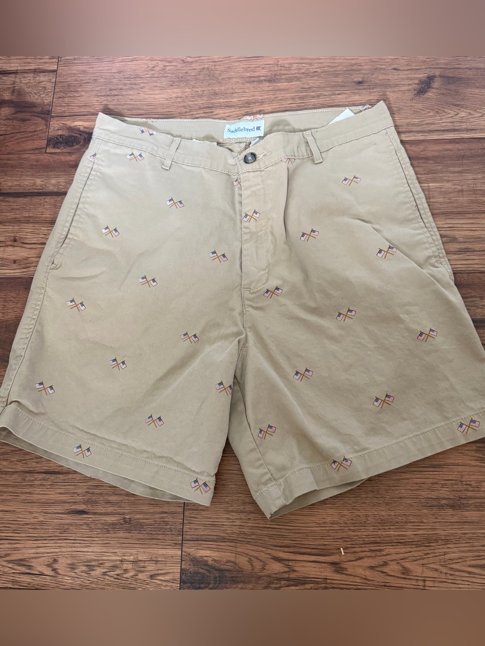 Sadlebred Men’s Chino Shorts USA Embroidered Flag Khaki Sz 34